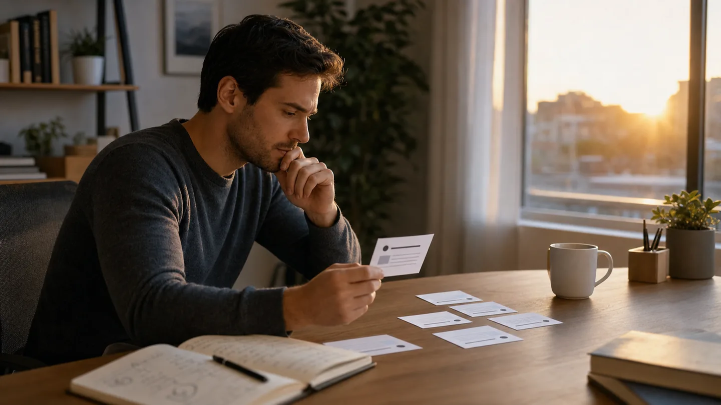 Careful domain-investing learner reviewing a shortlist alongside a written budget plan