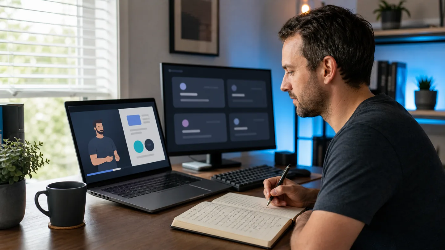 Beginner studying domain-investing lessons and taking notes at a home workstation